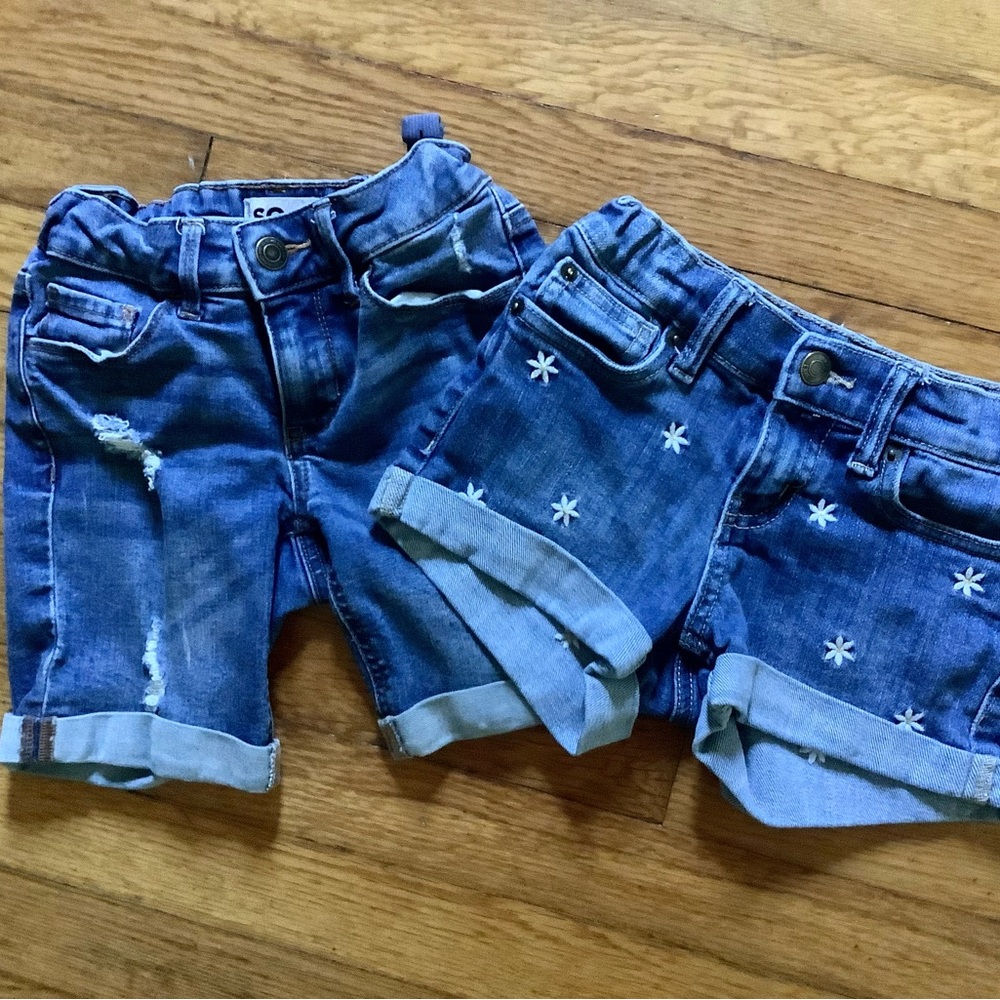 2 pair size 8 denim shorts, True Craft distressed, So white flower embroidered